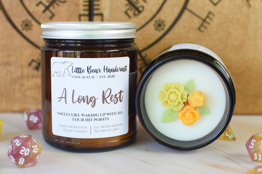 A Long Rest Decorated TTRPG Wood Wick Candle