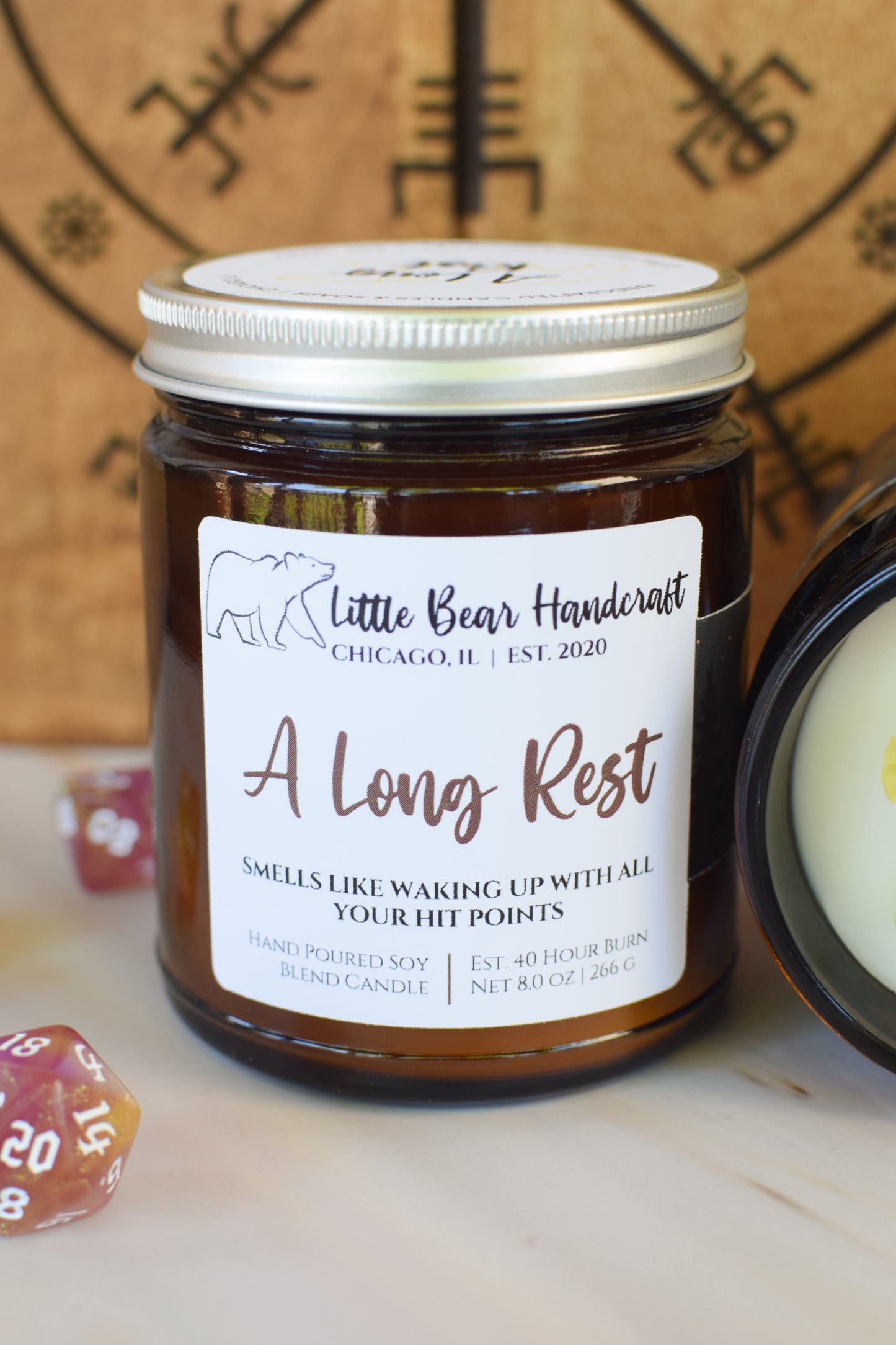 A Long Rest Decorated TTRPG Wood Wick Candle