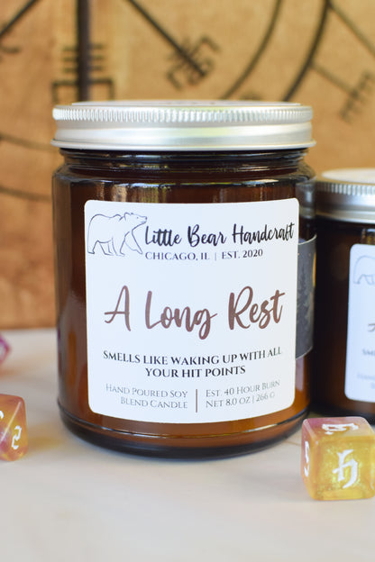 A Long Rest Decorated TTRPG Wood Wick Candle