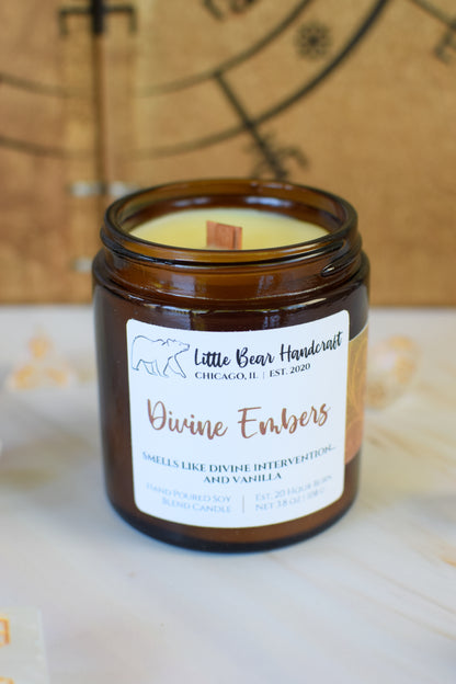 Divine Embers Decorated TTRPG Wood Wick Candle