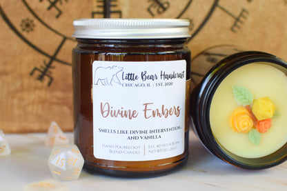 Divine Embers Decorated TTRPG Wood Wick Candle