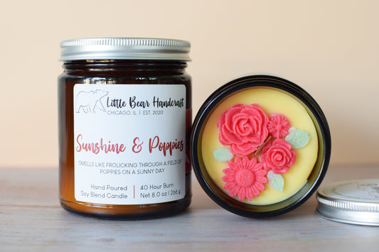 Sunshine & Poppies 8 oz Decorated Wood Wick Candle